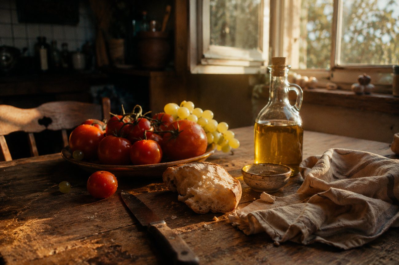 Tomates, pain et huile d'olive dans la lumière